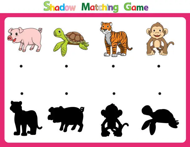 Vector illustration of Vector illustration for learning  shadow of different shapes. For children witch  4 cartoon image Pig, Turtle, Tiger, Monkey.