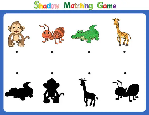 Vector illustration of Vector illustration for learning  shadow of different shapes. For children witch  4 cartoon images Monkey, Ant, Crocodile, Giraffe