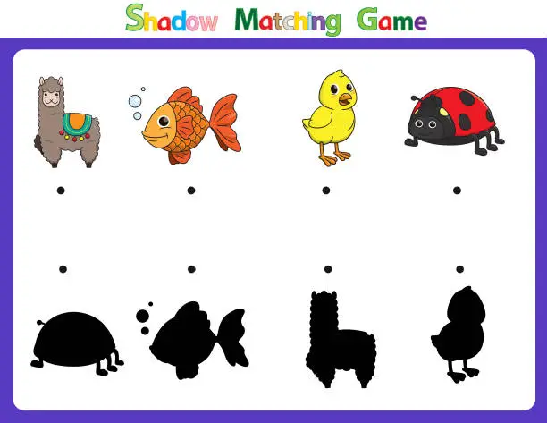 Vector illustration of Vector illustration for learning  shadow of different shapes. For children witch  4 cartoon images. Alpaca, Fish, Chick, Ladybug.