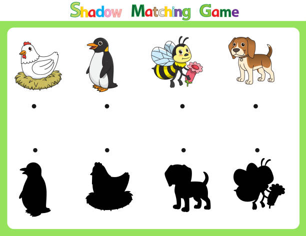 ilustrações de stock, clip art, desenhos animados e ícones de vector illustration for learning  shadow of different shapes. for children witch  4 cartoon images hen, penguin, bee, dog . - penguin animal white background king penguin