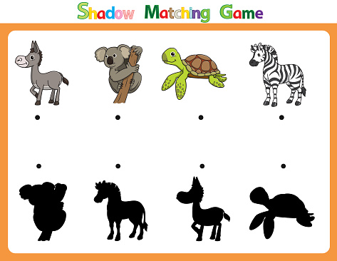 Vector illustration for learning  shadow of different shapes. For children witch  4 cartoon images Donkey, Koala, Turtle, Zebra.
