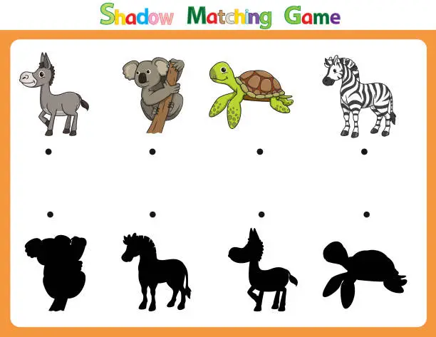 Vector illustration of Vector illustration for learning  shadow of different shapes. For children witch  4 cartoon images Donkey, Koala, Turtle, Zebra.