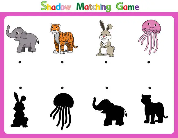 Vector illustration of Vector illustration for learning  shadow of different shapes. For children witch  4 cartoon images Elephant, Tiger, Rabbit, Jellyfish .