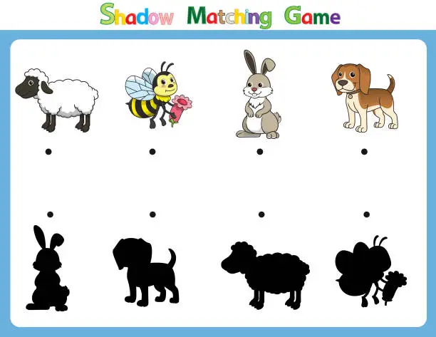 Vector illustration of Vector illustration for learning  shadow of different shapes. For children witch  4 cartoon images Sheep, Bee, Rabbit, Dog.