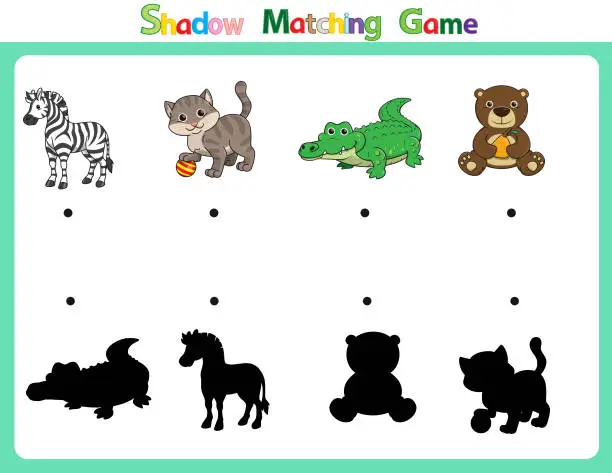 Vector illustration of Vector illustration for learning  shadow of different shapes. For children witch  4 cartoon images Zebra, Cat, Crocodile, Bear   .