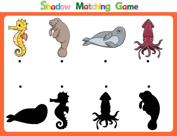 Vector illustration of Vector illustration for learning  shadow of different shapes. For children witch  4 cartoon images Sea horse, Dugong, Seal, Octopus  .