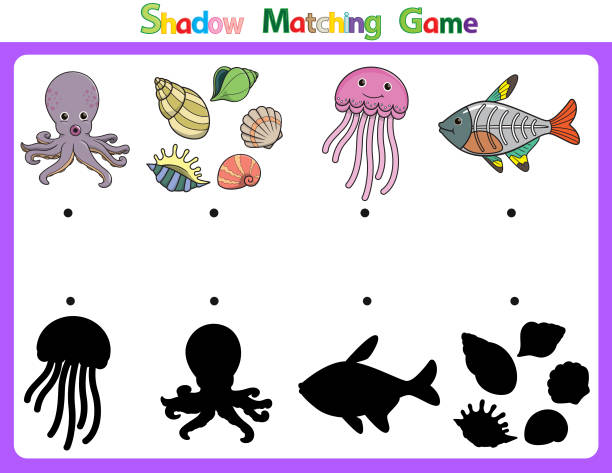 다른 모양의 그림자를 학습하기위한 벡터 그림입니다. 어린이 마녀 4 만화 이미지 문어, 조개, 해파리, x 선 물고기. - fish sea life abstract alphabet stock illustrations