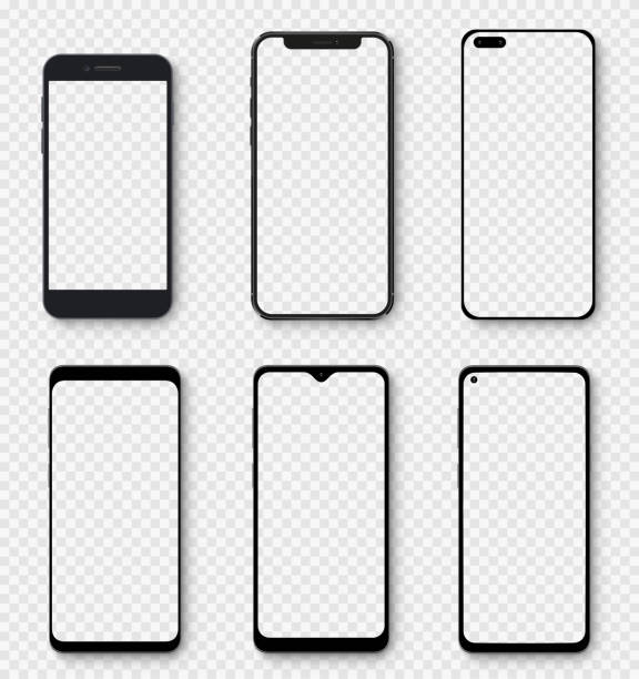 투명 스크린을 갖춘 현실적인 모델 스마트폰. 스마트 폰 모형 컬렉션. 장치 전면 보기. 투명 배경에 그림자가있는 3d 휴대 전화 - 스톡 벡터. - smartphone stock illustrations