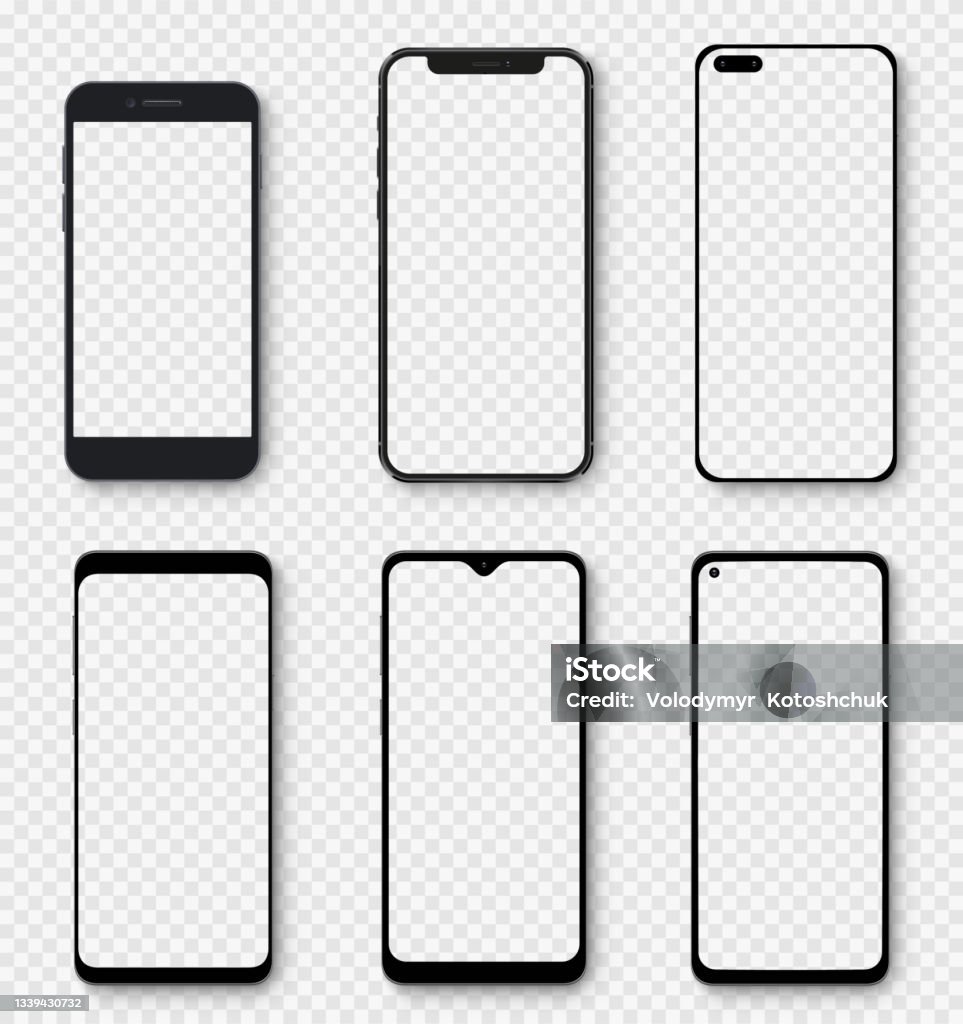 Realistic models smartphone with transparent screens. Smartphone mockup collection. Device front view. 3D mobile phone with shadow on transparent background - stock vector. Smart Phone stock vector