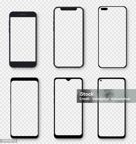 Realistic Models Smartphone With Transparent Screens Smartphone Mockup Collection Device Front View 3d Mobile Phone With Shadow On Transparent Background Stock Vector Stock Illustration - Download Image Now