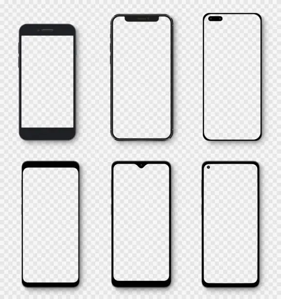 Vector illustration of Realistic models smartphone with transparent screens. Smartphone mockup collection. Device front view. 3D mobile phone with shadow on transparent background - stock vector.