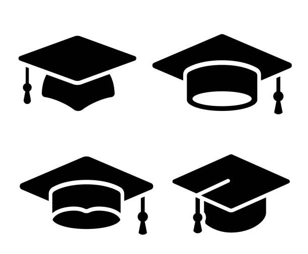 graduierungshut mütze icons gesetzt. akademische obergrenze. abschlussschüler schwarze mütze und diplom - stock vektor. - mortar board stock-grafiken, -clipart, -cartoons und -symbole