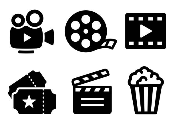 Cinema icons set. Collection icon: Popcorn box, movie, clapper board, film, movie, tv, video and other. Flat style - stock vector. Cinema icons set. Collection icon: Popcorn box, movie, clapper board, film, movie, tv, video and other. Flat style - stock vector. movie theater photos stock illustrations