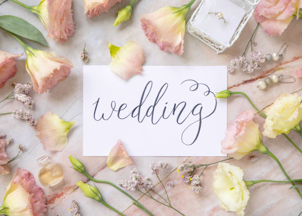 istock Card with the text WEDDING surrounded by pink flowers 1339431644