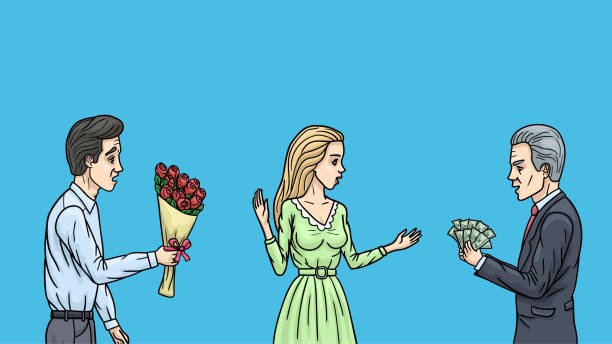 한 젊은 여성이 돈이 있는 부유한 구혼자를 선택하고 꽃을 가진 로맨틱한 남자를 거부합니다. - suitor stock illustrations