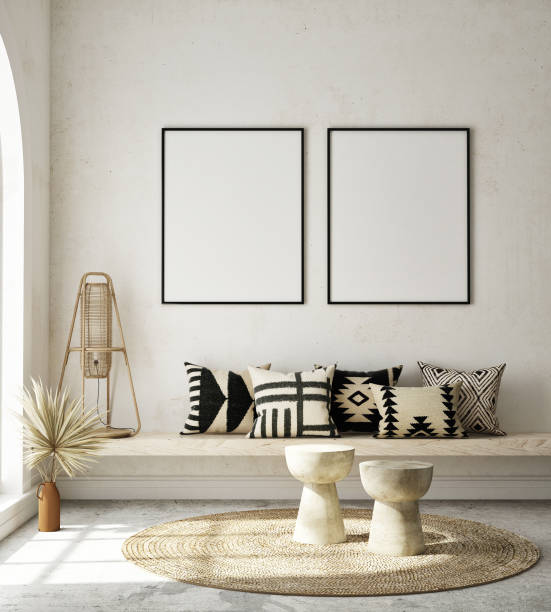 istock mock up poster frame in modern interior background, living room, Boho - Scandinavian style, 3D render, 3D illustration 1339434062