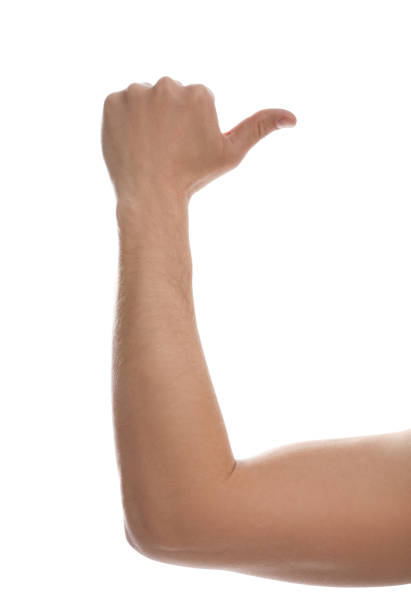 istock Man pointing at something on white background, closeup of hand 1339434828