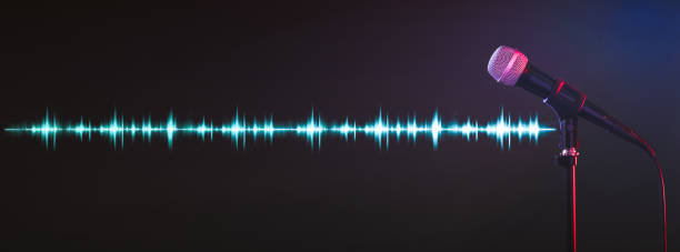 istock Microphone and radio wave on dark background. Banner design 1339435225