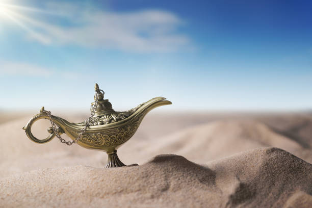istock Magical Aladdin oil lamp in desert. 1339435260