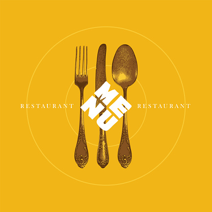 Vector template of restaurant menu with vintage fork, knife and spoon on a yellow background. Decorative banner with old cutlery and inscriptions in retro style