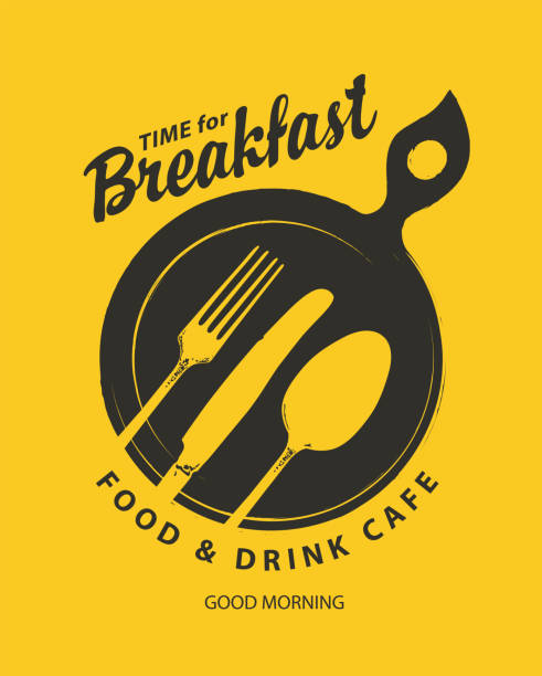 breakfast time banner with frying pan and cutlery Morning menu or banner for a food and drink cafe. Monochrome vector banner on the theme of Breakfast time with fork, knife, spoon, frying pan and inscriptions on the yellow background in retro style breakfast stock illustrations