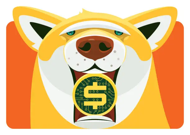 Vector illustration of dog holding electronic coin