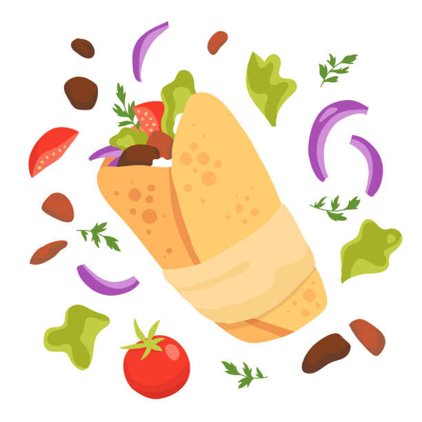 ilustraciones, imágenes clip art, dibujos animados e iconos de stock de ilustración de shawarma deliciosa dibujada a mano ilustración vectorial - turkey sandwich illustrations