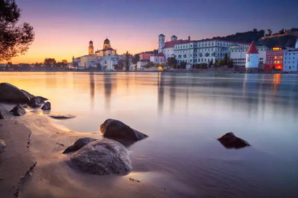 Cityscape image of Passau skyline, Bavaria, Germany at dramatic sunset.