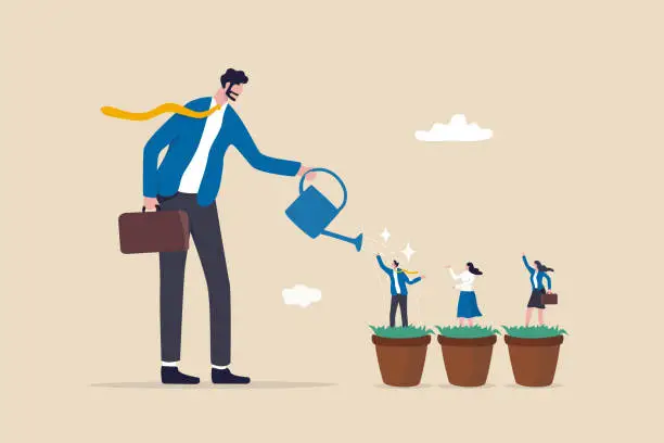 Vector illustration of Talent development, career growth, training or coaching staff develop skill, employee improvement, HR human resources concept, businessman manager watering growth talented staff in grow seedling pot.