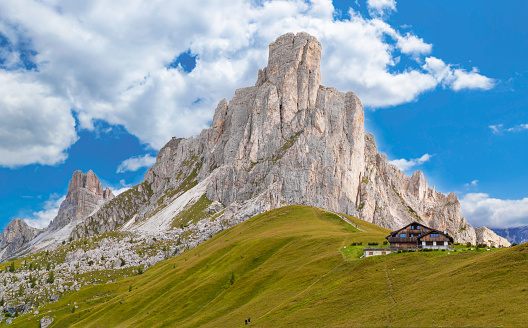 Dolomiti, Italy - 25 August 2021 - A view of the awesome Dolomites mountain range, in Veneto and Trentino Alto Adige regions (the landscape is editorial because protected by copyright). Here in particular the Passo Giau with Averau and Nuvolau mount