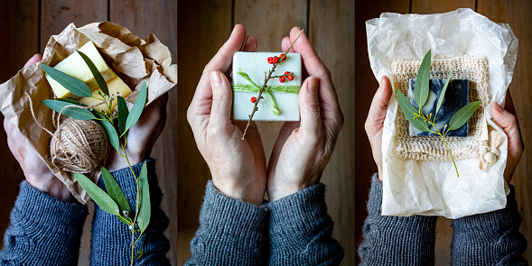 An image montage of an unrecognisable person holding handmade soaps in their hands. Some of the soaps are in recycled paper, after being unwrapped by the person, they have been given as Christmas gifts.
