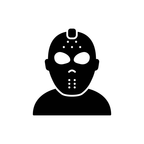 illustrations, cliparts, dessins animés et icônes de effrayant masque jason noir pour halloween party silhouette icon. casque de hockey foncé pour pictogramme de glyphe de sécurité de gardien de but. jason mask symbole de l’icône du 13e vendredi. illustration vectorielle isolée - hockey mask