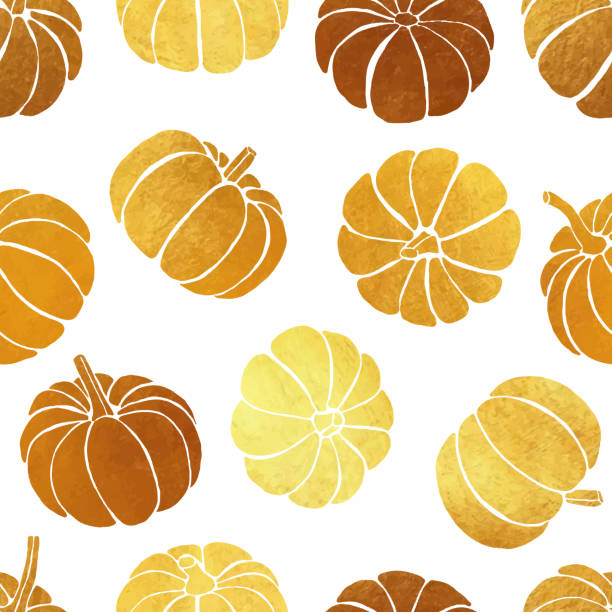 illustrazioni stock, clip art, cartoni animati e icone di tendenza di golden pumpkins seamless pattern. ripetere il disegno del modello in finto oro metallico per il festival del raccolto o il giorno del ringraziamento. elegante sfondo autunnale. modello vettoriale senza cuciture disegnato a mano con zucche dorate. - pumpkin autumn pattern repetition