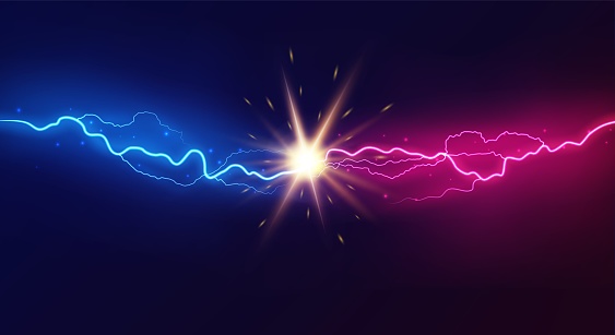 Lightning collision. Powerful colored lightnings, electric forces thunderbolt clash electrical energy sparkling blast, vector versus bright design confrontation concept