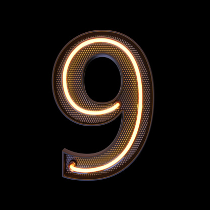 Number 9, Alphabet. Neon retro 3d number isolated on a black background with Clipping Path. 3d illustration.