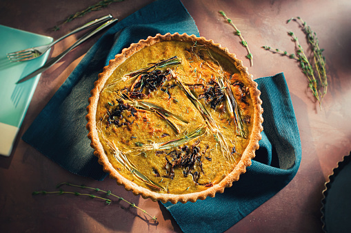 Plant Based Quiche Lorraine Pastry with Caramelized Onions, Scallions and Fresh Herbs