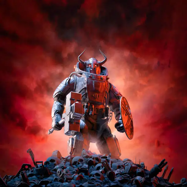 3D illustration of science fiction barbarian robot knight with horned helmet and shield standing on human skulls and debris
