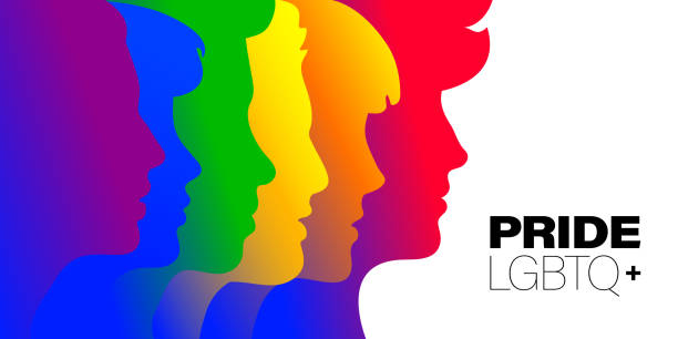 人々はlgbtシンボルのレインボーフラッグ色でシルエットに直面しています。プライドlgbtq+プリント、ポスター、ウェブのコンセプト。ベクトル図。 - gay pride flag illustrations点のイラスト素材／クリップアート素材／マンガ素材／アイコン素材