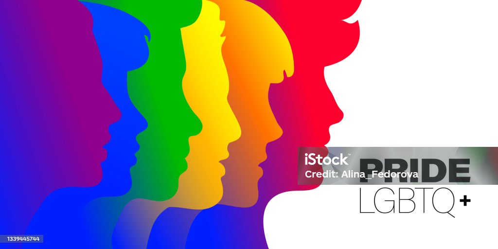 People Faces Silhouettes with Rainbow Flag Colors of LGBT Symbol. Pride LGBTQ+ Concept for Print, Poster and WEB. Vector Illustration. LGBTQIA Rights stock vector