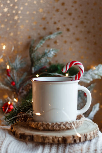 istock Cocoa mug on wooden stand and knitted sweater 1339446631
