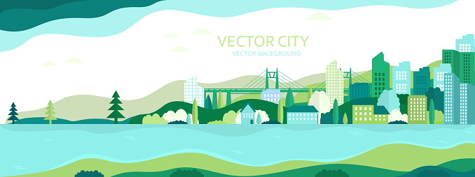 Vector poster with nature and city views.Suburban houses with skyscrapers and trees. Vector city.