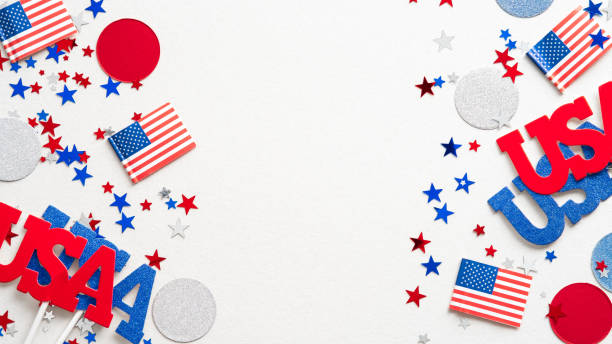 istock USA holiday decorations frame on white background flat lay. Independence Day, American Labor day, US Memorial Day, Columbus day banner design. 1339446943