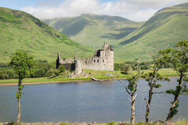 castelo kilchurn na beira do lago awe incluindo as colinas atrás - campbells - fotografias e filmes do acervo