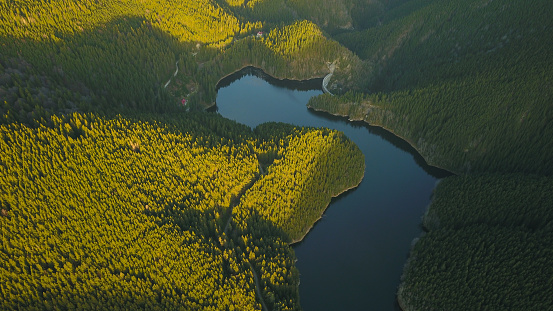 Aerial drone view above Gatu Berbecului lake at sunset. An arched concrete dam holds the water. the dam is built within the wilderness of Cindrel Mountains. Carpathia, Romania.