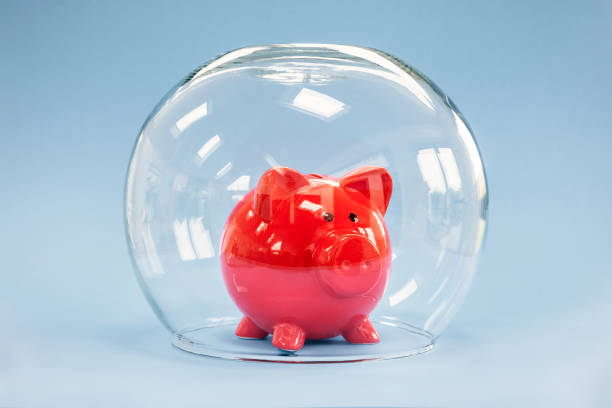 Protecting your savings, goldfish bowl covering a piggy bank Protect your money, goldfish bowl covering piggy bank concept for protecting your assets, financial help, insurance and investment recession protection stock pictures, royalty-free photos & images