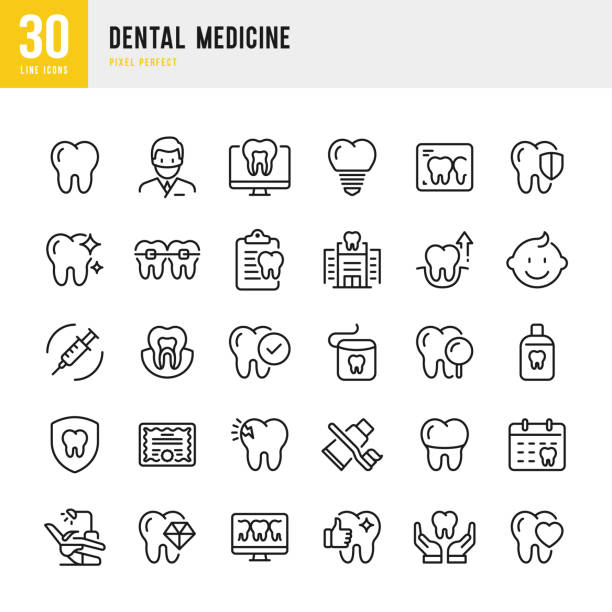 dental medicine - zestaw ikon wektorowych cienkiej linii. piksel idealny. zestaw zawiera ikony: dental health, dentysta, aparaty ortodontyczne, implant dentystyczny, pasta do zębów, fotel dentystyczny, gabinet stomatologiczny. - dentist dentist office human teeth dental equipment stock illustrations