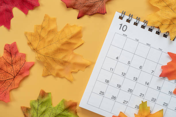 calendario de octubre de 2021 y hojas caídas. - calendar time deadline autumn fotografías e imágenes de stock