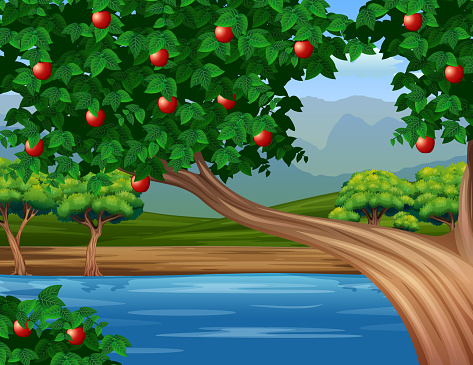Illustration of an apple tree by the river
