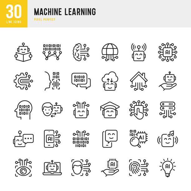 Machine Learning - thin line vector icon set. Pixel perfect. The set contains icons: Machine Learning, Artificial Intelligence, Robot, Digital Assistant, Smart Home. Machine Learning - thin line vector icon set. 30 linear icon. Pixel perfect. The set contains icons: Machine Learning, Artificial Intelligence, Robot, Big Data, Digital Assistant, Smart Home. dx stock illustrations