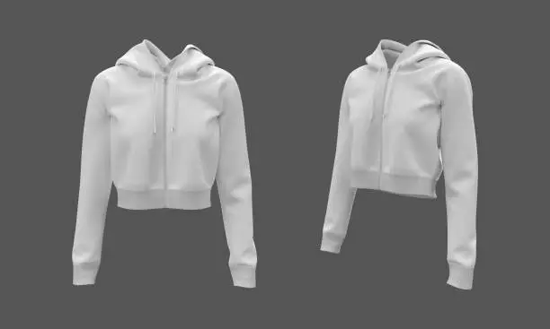 Blank cropped hooded sweatshirt mockup with zipper in front and side views, 3d rendering, 3d illustration